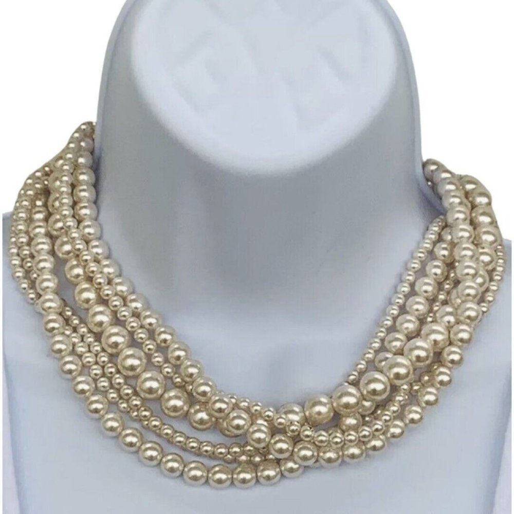 Vintage Various Size Faux Champagne Pearl Multi Strand Statement Layer Necklace